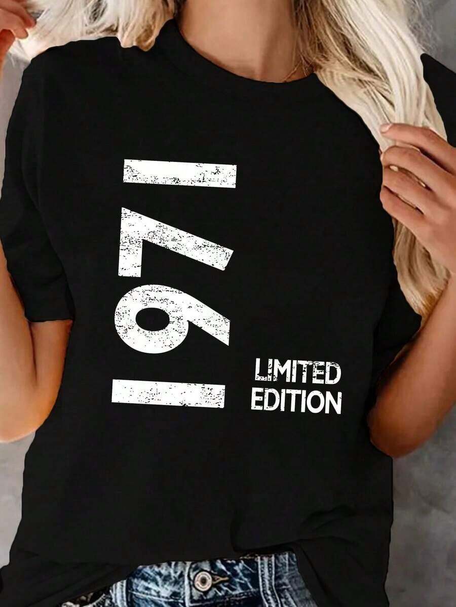 Camiseta Estampada Edición Limitada Bohemio 1971, Top Casual de Manga Corta con Cuello Redondo para Primavera y Verano, Ropa de Mujer, Camiseta de Algodón - Negro - Ver 1