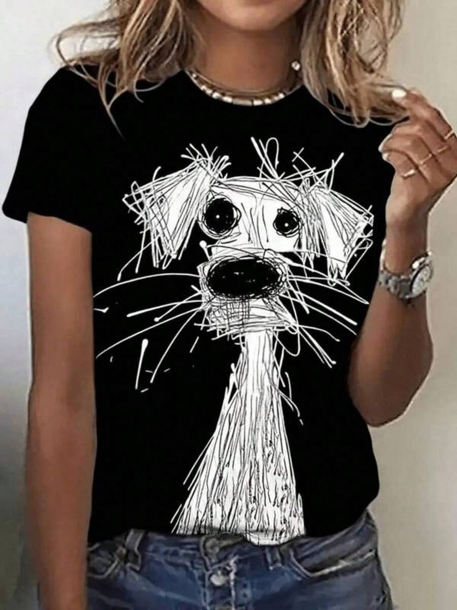 New 2026 Women's T-Shirts, Unique And Artistic 'Dog Drawing Sketch Style' T-Shirt, 'Casual And Relaxed Fashion', 'Original Design For Dog Lovers', 'Suitable For Daily Wear And Meetings With Friends', 'Available Sizes: S, M, L, XL - Color: 's Clothing', 'Popular In Fashion'. - 黑色 - 查看 1