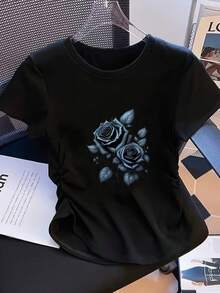 Short-Sleeved T-Shirt With Round Neck And Fitted Cut, Solid Color, With Pleated Detail At The Waist, Y2K Style, Elegant And Romantic Design With Blue Rose Bouquet Print And Artistic Lettering, Suitable For The Spring, Summer, Autumn And Winter Seasons. - White - View 10