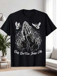 Women's Loose-Fitting T-Shirt, Casual Printed T-Shirt, With The Religious Design Of "Praying Hands, Doves And Cross", Suitable For All Seasons, T-Shirt For Daily Wear, Ideal Gift, Fashion Choice. - 黑色 - 查看 1