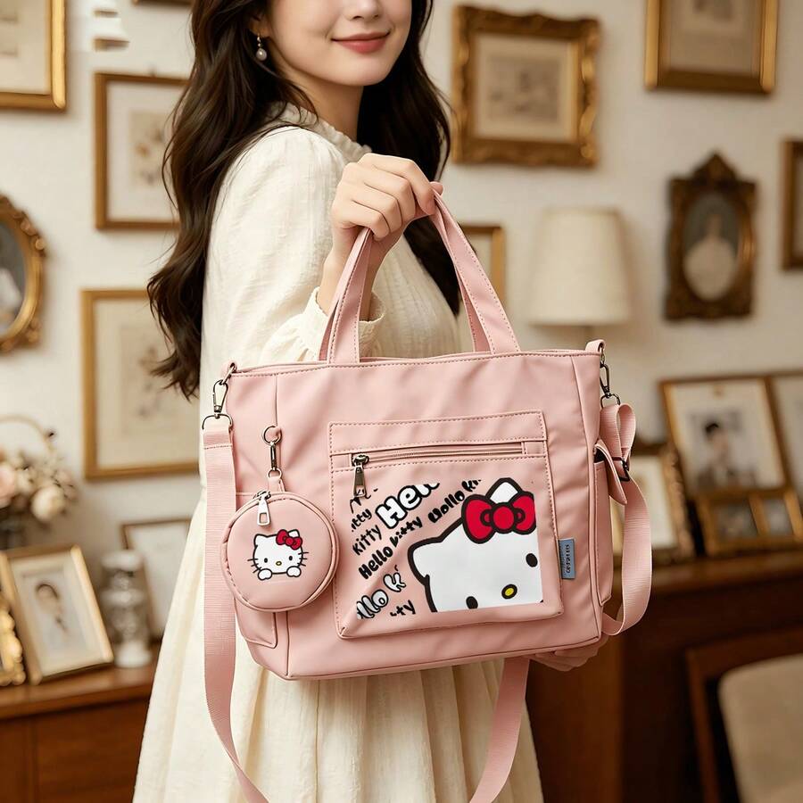 Miniso Sanrio Hello Kitty Graffiti Print Pink Casual Multi-Functional Large Capacity Tote Bag 2 Pieces Set With Detachable Coin Purse, Multi-Way Carry, Ideal For Work, Travel, Shopping And Everyday Use - Pink - View 1
