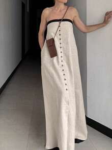 A-Line Dress, Loose Fit, Two-Tone Cotton And Linen, French Holiday Style, Spring/Summer 2026 - Khaki - View 2