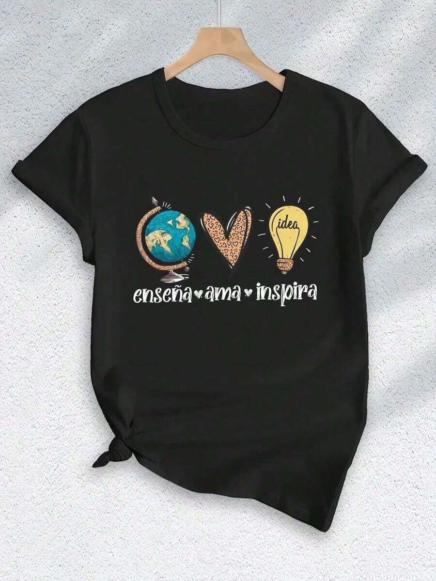 Permeability Graphic Print T-Shirt, Short Sleeve, Round Neck, Casual Style For Summer, Autumn And Spring, Women's Clothing, Roomy - Black - View 1