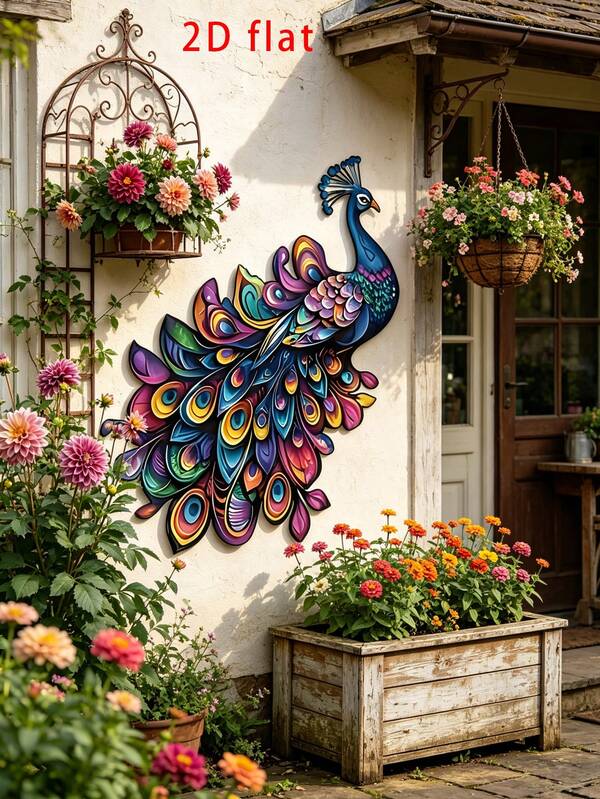 1 Stück 2D flache bunte Pfau Metall Wanddekoration, geeignet für Heimdekoration, Gartendekoration, Hofdekoration, Feiertagsdekoration, Verandadekoration, Hochzeitsdekoration, Außenzaun-Dekoration. Perfektes Geschenk für Familie und Freunde