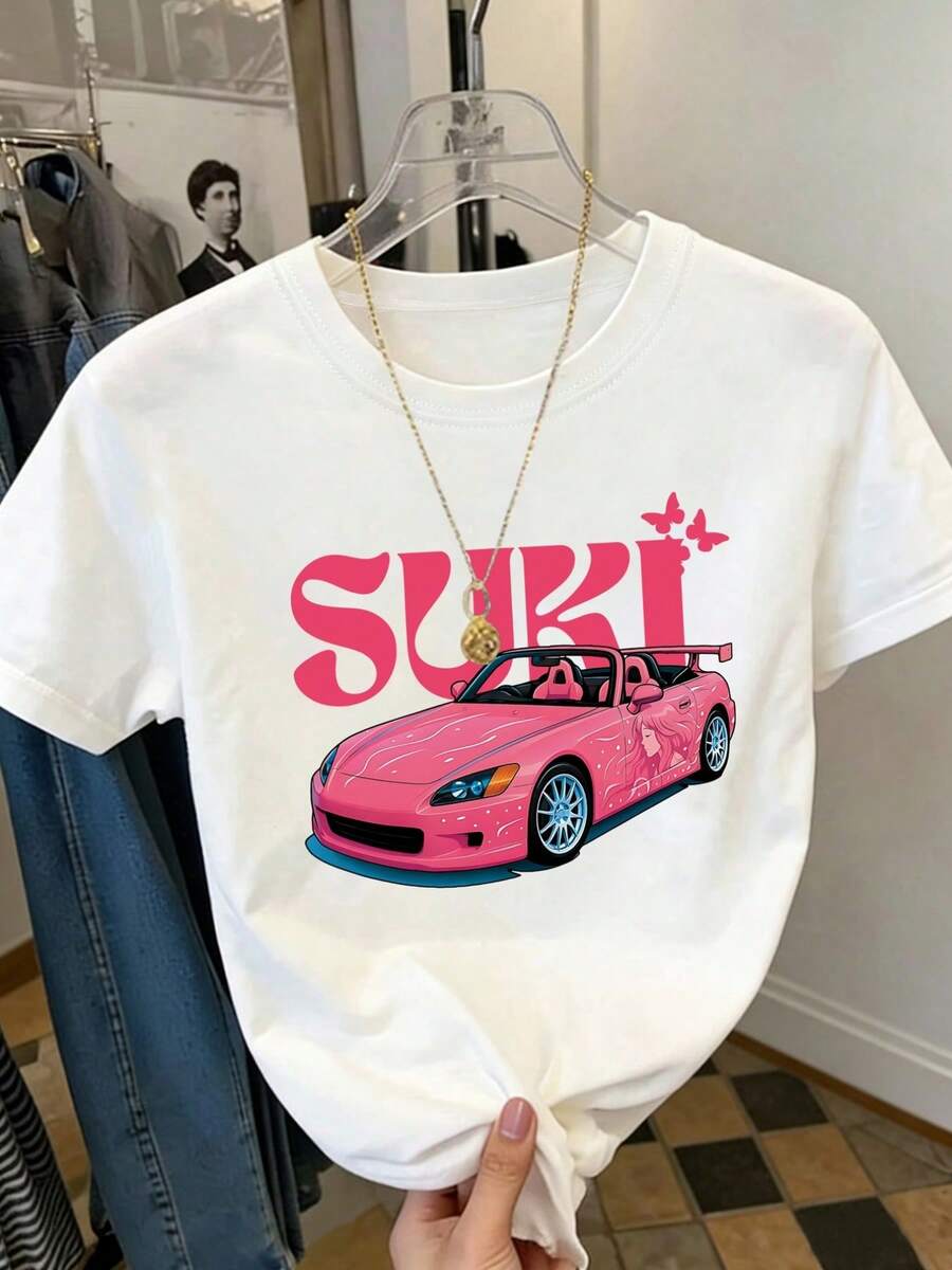 | Exquisite Design | Loose And Comfortable | Easy To Match | Short-Sleeved T-Shirt With Front Print - SUKI, Pink Sports Car - Fashionable Printed T-Shirt For Women, Spring/Summer, Fashionable Item, Versatile And Casual. - 白色 - 查看 1