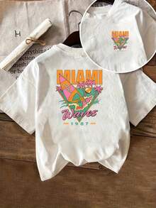 | Exquisite Design | Loose And Comfortable | Easy To Match | Women's Miami Beach Surf Print T-Shirt With Front And Back Print, Crew Neck, Casual Short Sleeves, Comfortable Fit, Soft Fabric, Classic Design, A Must-Have Fashion Item For Women. - 白色 - 查看 7