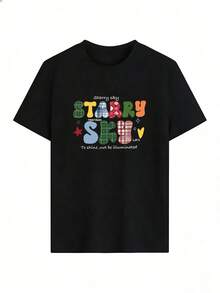 Starry Sky T-Shirt With Checkered Lettering,  Short-Sleeved T-Shirt For Spring/Summer 2026, Made In Mexico, 180 Grams. Cartoon Print, Couple Design, Suitable For Indoor Or Outdoor Wear. Crew Neck, Unisex, Ideal For The Office And Leisure. One-Pack. - BK-P631577SLNDXZGY584 - 查看 2
