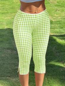 Leggings Elásticos de Punto a Cuadros Rojos para Mujer - verde menta - Ver 5