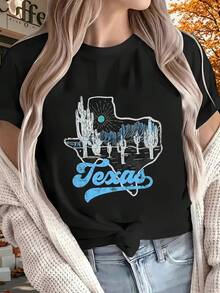 | Exquisite Design | Loose And Comfortable | Easy To Match | The New Texas Women's Printed Short-Sleeved T-Shirt Is Suitable For All Seasons, Ideal For Outdoor Activities, Home Use, And As A Sports Gift. - 黑色 - 查看 1