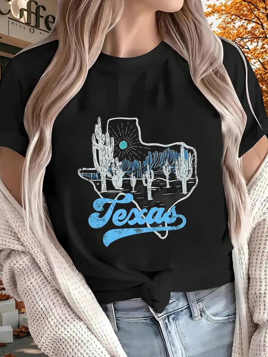 | Exquisite Design | Loose And Comfortable | Easy To Match | The New Texas Women's Printed Short-Sleeved T-Shirt Is Suitable For All Seasons, Ideal For Outdoor Activities, Home Use, And As A Sports Gift. - 黑色 - 查看 1
