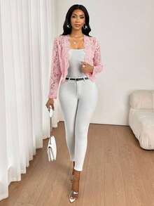 Lady Chaqueta elegante y casual con volantes de encaje para uso diario, para otoño - Rosa - Ver 3