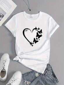 A Cute Summer T-Shirt With A Heart Print, Suitable For Spring And Summer Sports And Casual Wear, Women's Clothing. - 黑色 - 查看 10