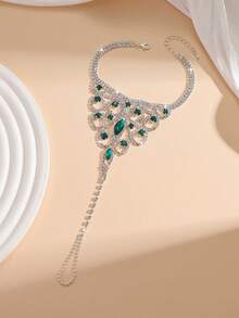 1pc Copper Toe Ring With Shiny Rhinestone Barefoot Anklet, Suitable For Women Bride Beach Wedding/Evening Party - Silver-green - View 4