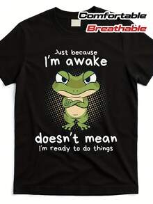 T-shirt humoristique pour homme avec la phrase 'Le fait que je sois éveillé ne veut pas dire que je suis prêt à faire des choses' - Conçu avec un graphique de grenouille noire et verte, fabriqué à partir d'un tissu respirant qui évacue l'humidité pour un confort en toute saison. Disponible en Plu - Noir - Voir 2