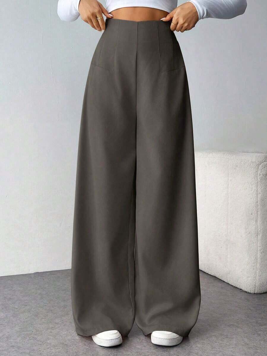 es texturizados de cintura alta y pierna ancha, casuales y elegantes, para volver a la escuela y al trabajo, para mujer - Gris Oscuro - Ver 1