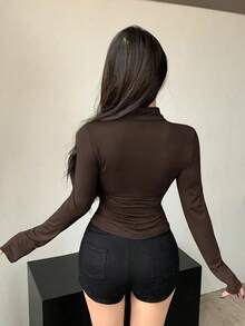 Camiseta de manga larga de cuello alto y ajuste ceñido para mujer, ropa de otoño - Café integral - Ver 4