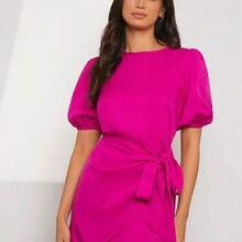 Vestido cruzado de manga farol con nudo delantero - Negro - Ver 4