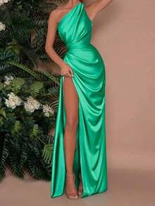 Vestido de verano para mujer , color vino tinto, vestido de fiesta con un hombro, fruncido elástico y abertura, adecuado para el Día de San Valentín, citas, reuniones, fiestas, viajes, vacaciones, playa y otras ocasiones - Verde - Ver 9