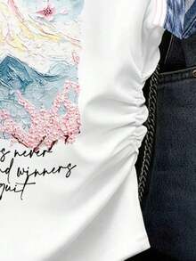 Set de 3 blusas de mujer con estampado de rayas, cuadros y gráficos, de manga corta y con efecto de cintura ceñida - Multicolor - Ver 4