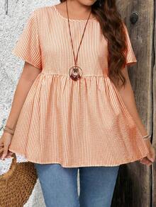 de manga corta con cuello redondo y estampado de rayas, apropiadas para el verano, tallas grandes - Naranja - Ver 7