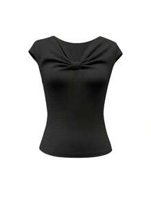 Camiseta de verano para mujer con cuello en V ajustado, mangas cortas que cubren los hombros, diseño jacquard de textura ondulada elegante francesa, color rosa, dulce y grácil, juvenil, uso versátil diario - Negro - Ver 3