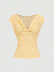 Camiseta de verano para mujer con diseño jacquard de textura ondulada, cuello en V ajustado, mangas cortas que cubren los hombros, estilo francés chic, color rosa, dulce y elegante, juvenil, uso versátil diario - Amarillo claro - Ver 6