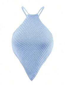 Blusa de punto de mujer de verano con cuello halter, dobladillo asimétrico y unicolor - Celeste - Ver 5
