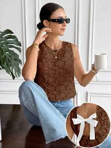 Blusa sin mangas casual y versátil con cuello redondo, decoración de moño y jacquard - Marrón - Ver 9
