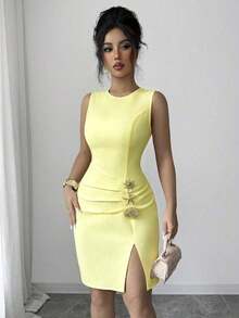 Vestido corto sin mangas de mujer de unicolor, elegante, con cuello redondo, plisado, con abertura en el bajo, con botones de metal con forma de estrella de mar y concha, adecuado para fiestas, citas, trabajo, uso diario, temporada de verano, graduación, vuelta al cole, Día del Maestro - Amarillo - Ver 4