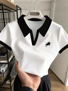 Polo corto de mujer con estampado a rayas ecuestre, cuello a contraste - Blanco 2 - Ver 4