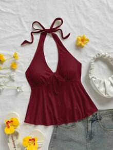 Bata escote en V con lazo y espalda descubierta informal de estilo casual para vacaciones, adecuada para el verano - Burdeos - Ver 8