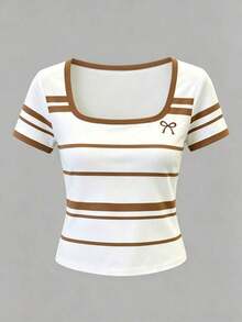 Camiseta de manga corta con cuello cuadrado y lunares clásicos, adecuada para primavera y verano, actualmente popular, camiseta de moda, camiseta hermosa, regalo para hermanos, regalo para hermanas, regalo para mamá, regalo del Día de la Madre, top de moda casual y sencillo - Multicolor 5 - Ver 3