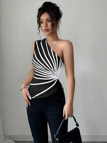 Blusa de punto con estampado de rayas y hombro asimétrico, nueva para el verano de mujer - Negro - Ver 7