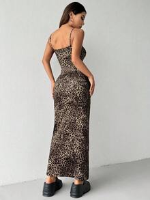 Vestido camiseta ajustado con estampado de leopardo de moda para mujer, para verano - Caqui - Ver 2