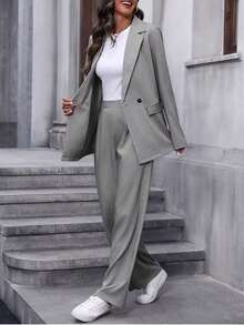 Conjunto de traje informal de mujer con solapa, manga larga y holgado - Gris - Ver 4