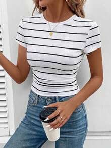 LUNE Conjunto deportivo de tiempo libre para atletismo, ciclismo, running, baloncesto - Camiseta casual cómoda de cuello redondo, ajustada, a rayas blancas y negras con recogido en la cintura, para mujer - Blanco y Negro - Ver 2