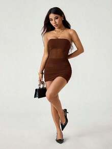 Vestido mini tubo negro sexy ajustado con pliegues y malla de unicolor para mujer - Marrón - Ver 5