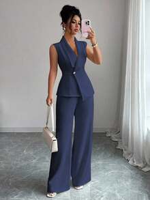 Conjunto de oficina elegante para mujer, compuesto por una chaqueta blazer sin mangas con cuello y bajo asimétrico, con hebilla metálica en la cintura, combinada con pantalones de cintura elástica.Conjunto de 2 piezas elegante para primavera/verano, atuendo formal y de clase para mujer. - Azul marino - Ver 4