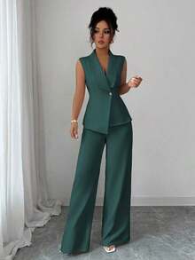 Conjunto de oficina elegante para mujer, compuesto por una chaqueta blazer sin mangas con cuello y bajo asimétrico, con hebilla metálica en la cintura, combinada con pantalones de cintura elástica.Conjunto de 2 piezas elegante para primavera/verano, atuendo formal y de clase para mujer. - Verde Oscuro - Ver 4