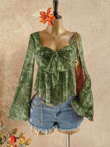Women's Vacation Back To School Fall Floral Print V-Neck Long Sleeve Babydoll Vintage Tops, Bohemian Sheer Top Boho Blouses Vintage Tops Women Bohemian Top Boho Tops For Women WFED - 綠色 - 查看 1