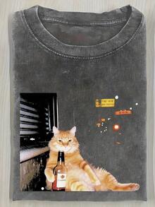 Camiseta Vintage para Hombre con Estampado de Gato y Cerveza 2026 - Camiseta de Manga Corta de Algodón Lavado de 230g, Estampado de Gato Atigrado Naranja, Camiseta Holgada Casual de Verano, Ideal para Fiestas, Playa y Regalos - Cómoda de Usar Todo el Año - Gris - Ver 1