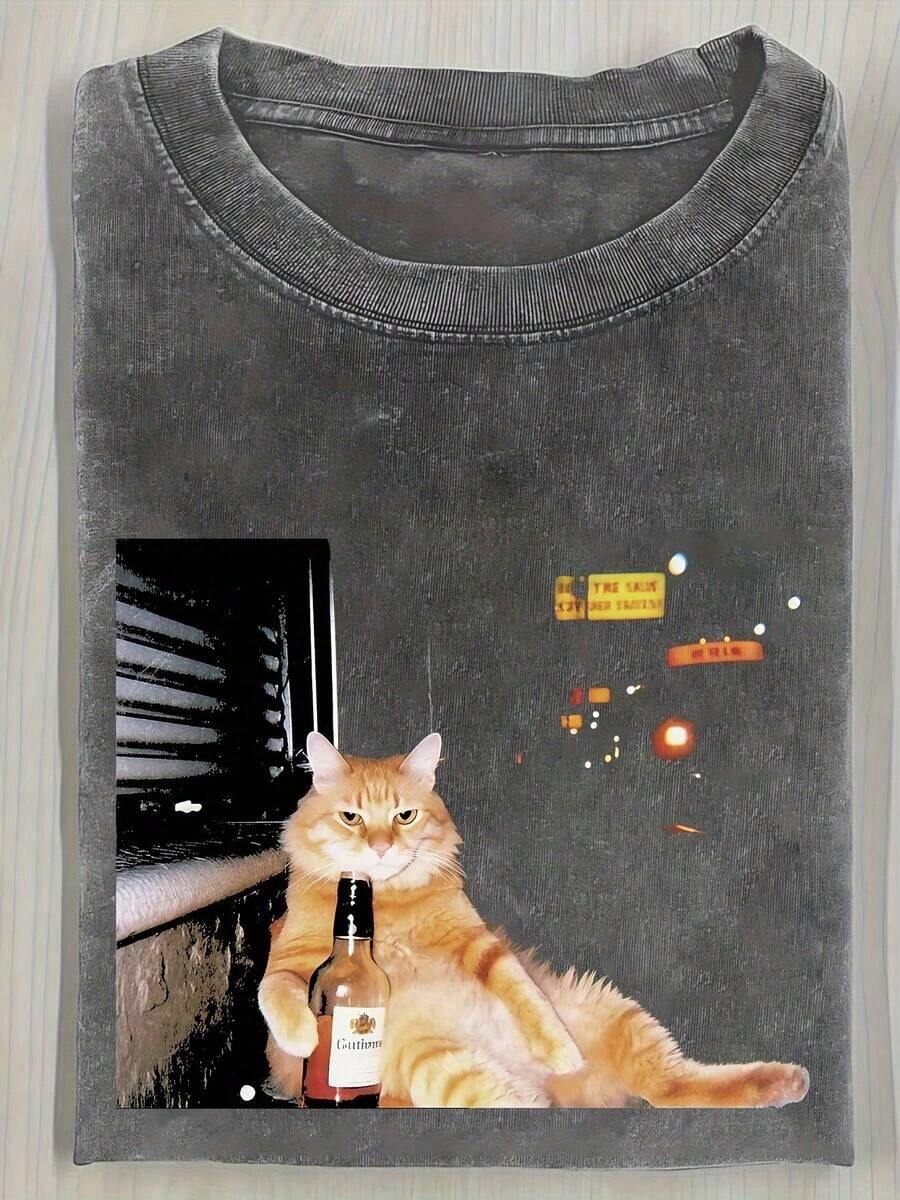 Camiseta Vintage para Hombre con Estampado de Gato y Cerveza 2026 - Camiseta de Manga Corta de Algodón Lavado de 230g, Estampado de Gato Atigrado Naranja, Camiseta Holgada Casual de Verano, Ideal para Fiestas, Playa y Regalos - Cómoda de Usar Todo el Año - Gris - Ver 1