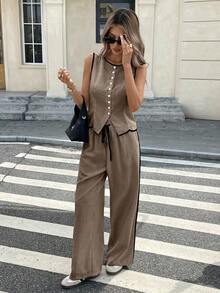 Conjunto de 2 piezas de top tipo camiseta y pantalones de verano casuales con ribete en contraste para mujer - Caqui - Ver 1