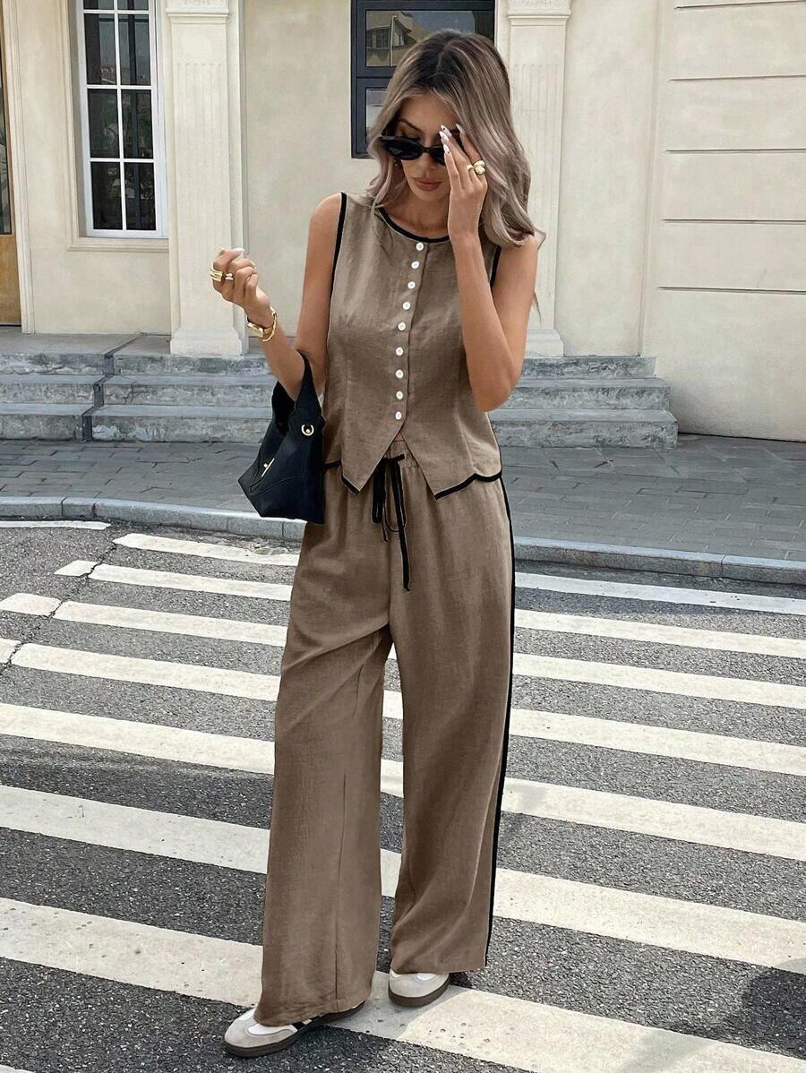 Conjunto de 2 piezas de top tipo camiseta y pantalones de verano casuales con ribete en contraste para mujer - Caqui - Ver 1