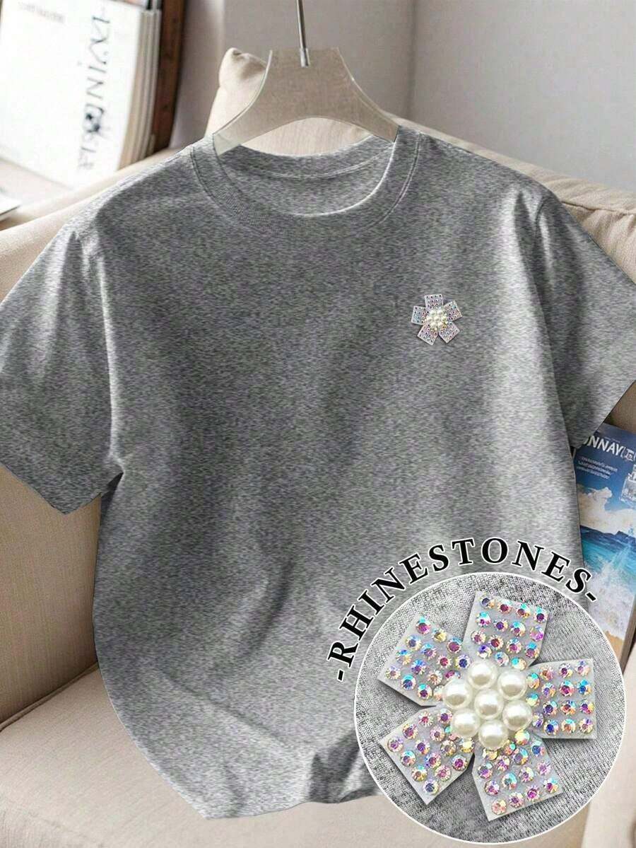 Camiseta de manga corta casual con cuello redondo, decorada con perlas falsas y rhinestones - Gris - Ver 1