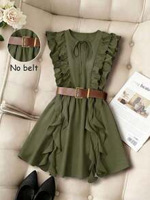 MSPariaura Vestido con diseño de volantes de ancho completo en marrón vintage / Minifalda estilizante con cintura ceñida / Conjunto elegante y dulce Z - Verde militar - Ver 4