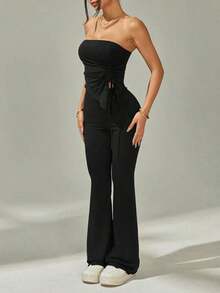 Conjunto de 2 piezas: Top bandeau fruncido con bajo asimétrico y pantalones acampanados - Negro - Ver 8