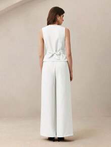 Nuevo conjunto de chaleco plisado en la cintura y pantalones de pierna ancha para mujer, primavera/verano.Elegante atuendo urbano para ir al trabajo. - Blanco - Ver 3