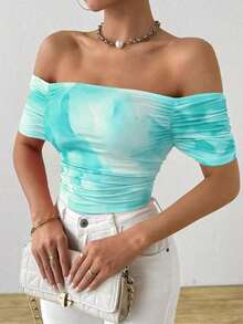 Camiseta de manga corta plisada con cuello recto en línea - verde menta - Ver 5