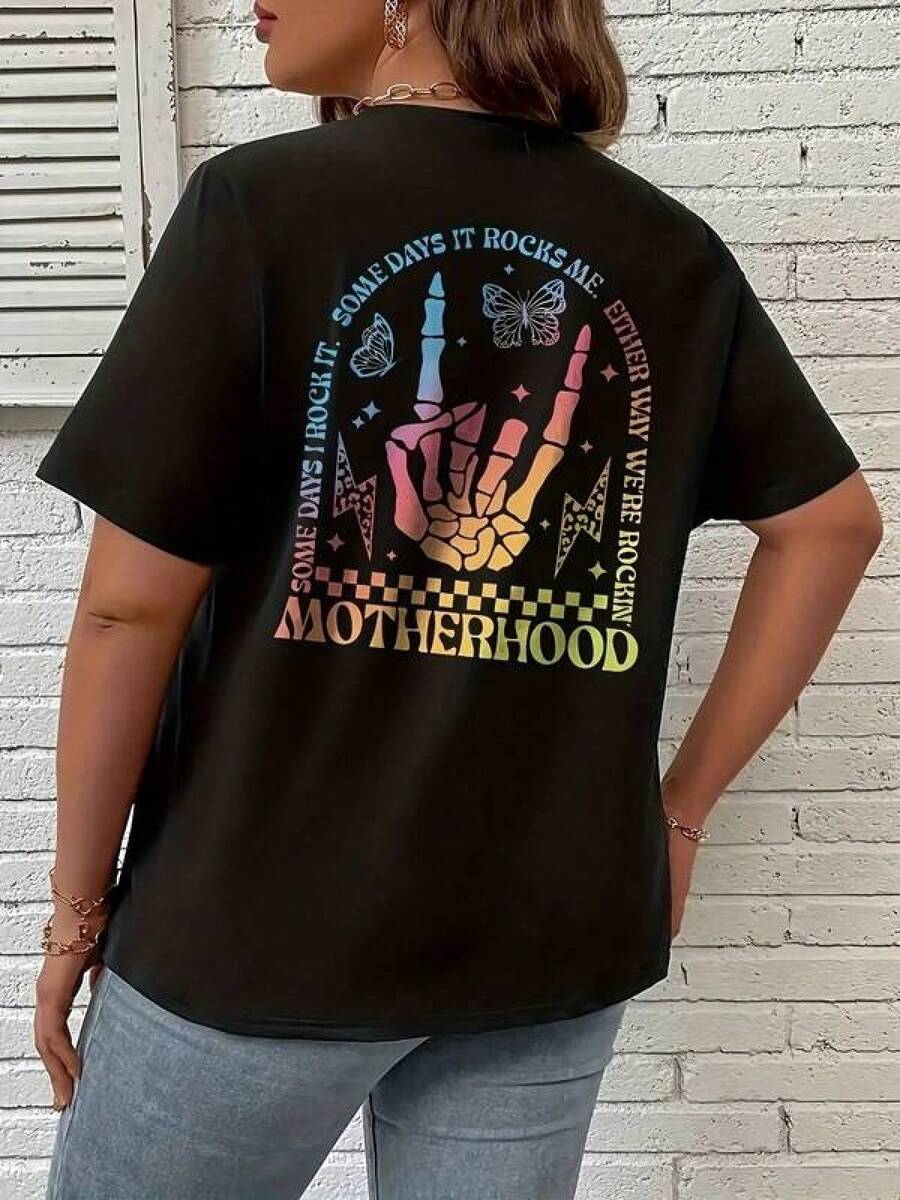 1pc Camisetas Para Mujer Camiseta única y moderna con diseño de mano en colores vibrantes y mariposas perfecta para expresar tu estilo y personalidad ideal para mamás trendy y amantes de la moda y2k comodidad y originalidad en cada uso Camiseta De Manga Corta De Algodón - Negro - Ver 1